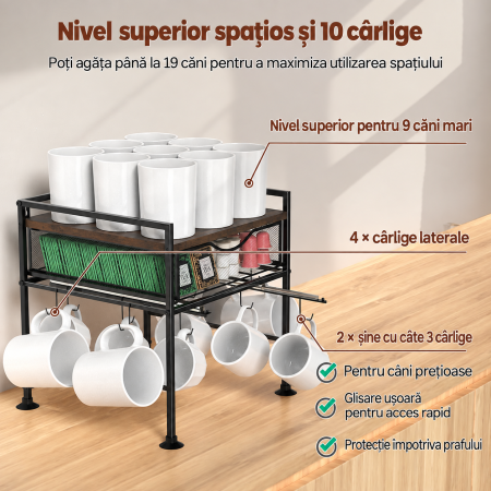 AM274 - Suport organizator bucatarie, suport cani, capsule cafea, ceai, zahar, statie aparat cafea cu sertar mare pentru depozitare si carlige extensibile, suport pentru 10 cani, organizator [3]
