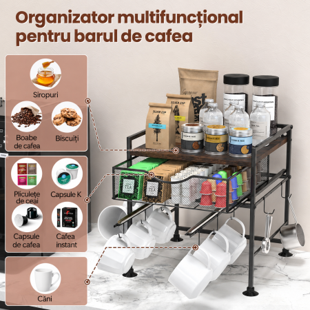 AM274 - Suport organizator bucatarie, suport cani, capsule cafea, ceai, zahar, statie aparat cafea cu sertar mare pentru depozitare si carlige extensibile, suport pentru 10 cani, organizator [4]