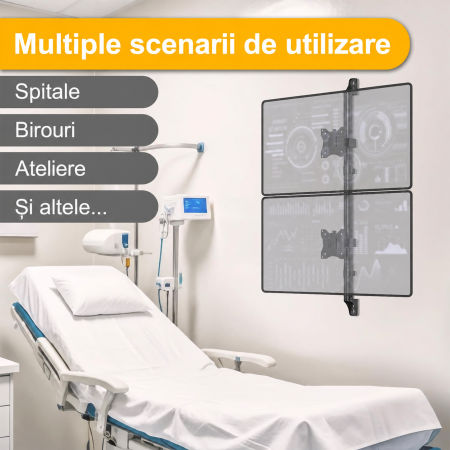AM307 - Suport pentru 2 Monitoare 17–32 Inch, de prins in perete, suport vertical monitoare orizontal, suport monitor multifunctional, reglabil pe Inaltime, Rotire 360°, Inclinare, VESA 75/100, 9 kg/Brat [4]