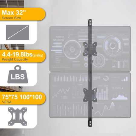 Suport pentru 2 Monitoare 17–32 Inch, de prins in perete, suport vertical monitoare orizontal, suport monitor multifunctional, reglabil pe Inaltime, Rotire 360°, Inclinare, VESA 75/100, 9 kg/Brat [1]