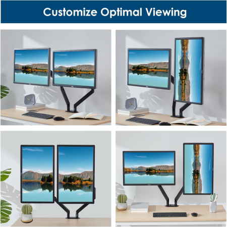 Suport pentru 2 monitoare Adymel® cu brat pe gaz 10–32 inch, rotire 360°, inclinare si pivotare, VESA 75x75 si 100x100, montaj clema C sau orificiu, aluminiu. [2]