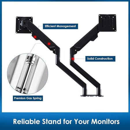 Suport pentru 2 monitoare Adymel® cu brat pe gaz 10–32 inch, rotire 360°, inclinare si pivotare, VESA 75x75 si 100x100, montaj clema C sau orificiu, aluminiu. [6]