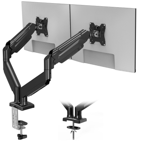 Accesorii Monitoare - Suport pentru 2 monitoare Bontec® cu brat pe gaz 13–32 inch, rotire 360°, inclinare si pivotare ±90°, VESA 75x75 si 100x100, 3–9 kg per monitor, montaj clema C sau orificiu, Negru.