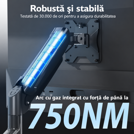 Suport pentru 2 monitoare Bontec® cu brat pe gaz 13–32 inch, rotire 360°, inclinare si pivotare ±90°, VESA 75x75 si 100x100, 3–9 kg per monitor, montaj clema C sau orificiu, Negru. [4]