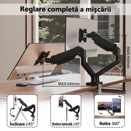 Suport pentru 2 monitoare Bontec® cu brat pe gaz 13–32 inch, rotire 360°, inclinare si pivotare ±90°, VESA 75x75 si 100x100, 3–9 kg per monitor, montaj clema C sau orificiu, Negru. [2]