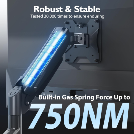 Suport pentru 2 monitoare Bontec® cu brat pe gaz 13–32 inch, rotire 360°, inclinare si pivotare ±90°, VESA 75x75 si 100x100, 3–9 kg per monitor, montaj clema C sau orificiu, Negru. [4]