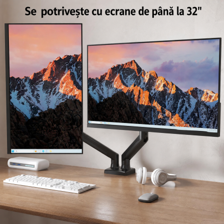 Suport pentru 2 monitoare Bontec® cu brat pe gaz 13–32 inch, rotire 360°, inclinare si pivotare ±90°, VESA 75x75 si 100x100, 3–9 kg per monitor, montaj clema C sau orificiu, Negru. [1]