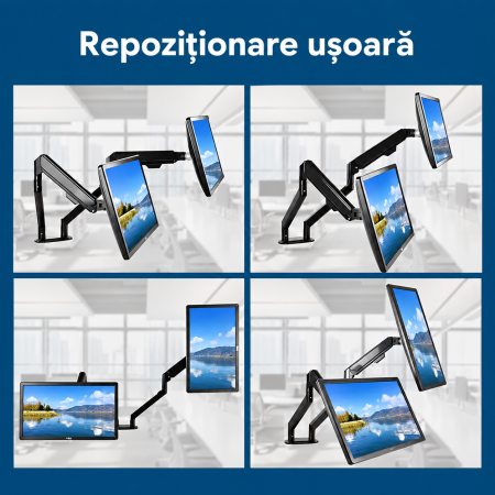 Suport pentru 2 monitoare Adymel® cu brat pe gaz 10–32 inch, rotire 360°, inclinare si pivotare, VESA 75x75 si 100x100, montaj clema C sau orificiu, aluminiu. [3]