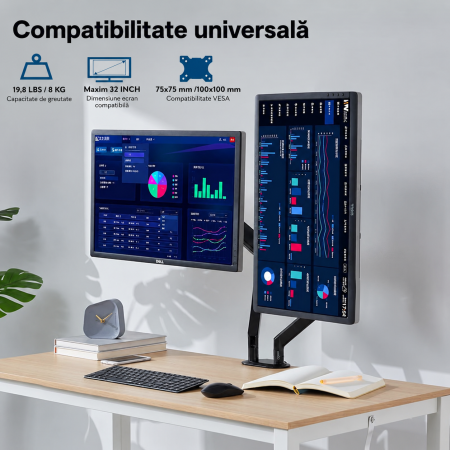 Suport pentru 2 monitoare Adymel® cu brat pe gaz 10–32 inch, rotire 360°, inclinare si pivotare, VESA 75x75 si 100x100, montaj clema C sau orificiu, aluminiu. [1]