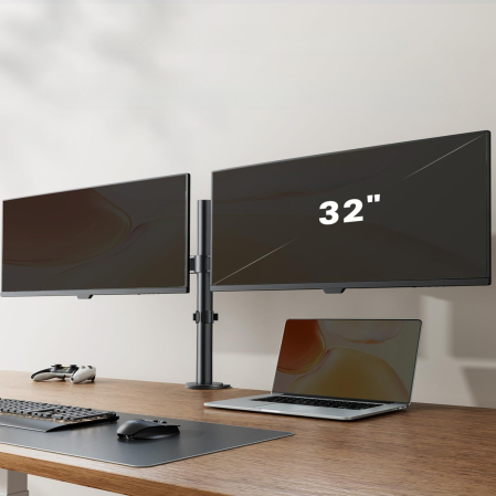 Accesorii Monitoare - Suport pentru 2 monitoare ErGear® 13–32 inch, brat reglabil pe inaltime, inclinare 90°, rotire 360°, pivotare 180°, VESA 75/100, pana la 8 kg per monitor, montaj clema C sau prin orificiu.