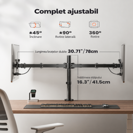 Suport pentru 2 monitoare ErGear® 13–32 inch, brat reglabil pe inaltime, inclinare 90°, rotire 360°, pivotare 180°, VESA 75/100, pana la 8 kg per monitor, montaj clema C sau prin orificiu. [2]