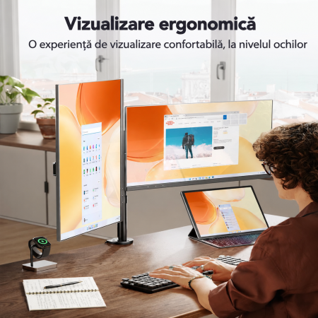 Suport pentru 2 monitoare ErGear® 13–32 inch, brat reglabil pe inaltime, inclinare 90°, rotire 360°, pivotare 180°, VESA 75/100, pana la 8 kg per monitor, montaj clema C sau prin orificiu. [5]