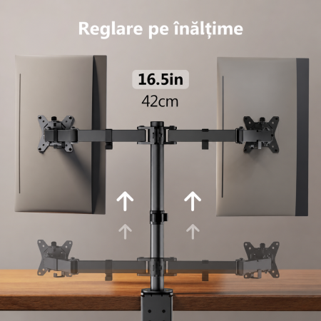 Suport pentru 2 monitoare ErGear® 13–32 inch, brat reglabil pe inaltime, inclinare 90°, rotire 360°, pivotare 180°, VESA 75/100, pana la 8 kg per monitor, montaj clema C sau prin orificiu. [3]