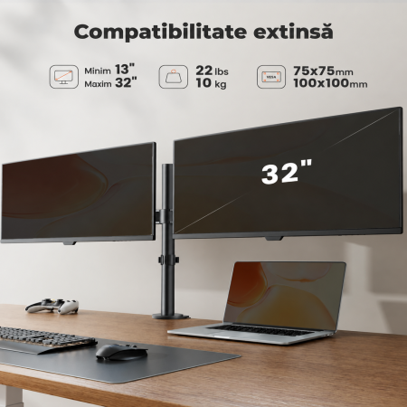 Suport pentru 2 monitoare ErGear® 13–32 inch, brat reglabil pe inaltime, inclinare 90°, rotire 360°, pivotare 180°, VESA 75/100, pana la 8 kg per monitor, montaj clema C sau prin orificiu. [1]