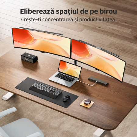 Suport pentru 2 monitoare ErGear® 13–32 inch, brat reglabil pe inaltime, inclinare 90°, rotire 360°, pivotare 180°, VESA 75/100, pana la 8 kg per monitor, montaj clema C sau prin orificiu. [4]