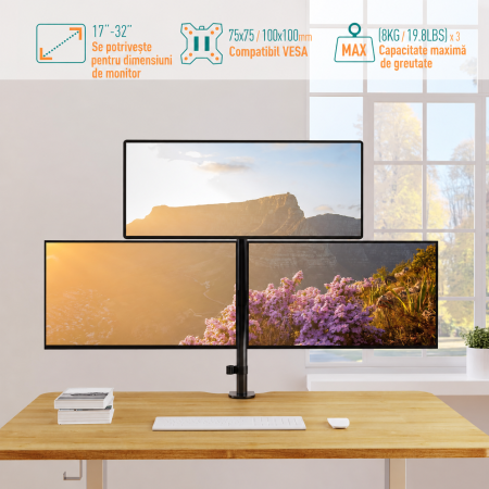 Suport 3 monitoare Elived® 17–32 inch – VESA 75x75/100x100, reglabil, negru. [1]