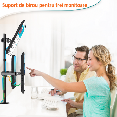 Suport 3 monitoare Elived® 17–32 inch – VESA 75x75/100x100, reglabil, negru. [2]