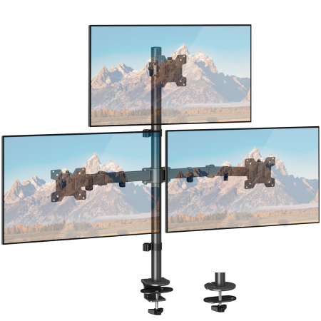 Produse EmagMarketplace - Suport pentru 3 monitoare Elived®, monitor cu diagonala intre 17-32" inch, VESA 75x75 si 100x100, pana la 8 kg per brat, brate rotative si ajustabile, prindere cu clema sau surub direct in blat, birou