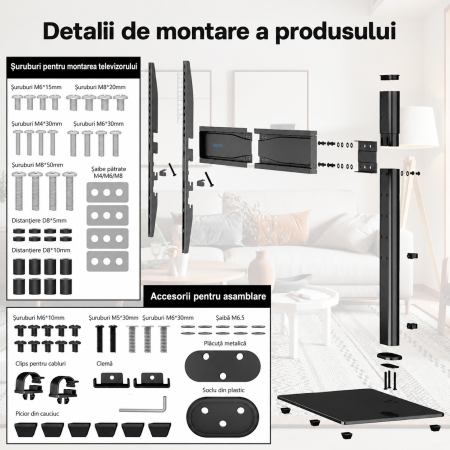 Suport TV Bontec® 26–65 inch – plat si curbat, VESA 600x400, multifunctional. [2]