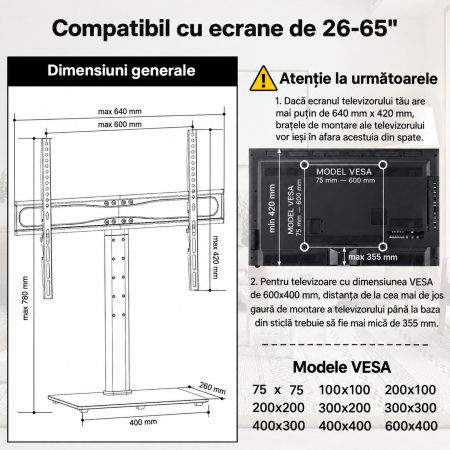 Suport TV Bontec® 26–65 inch – plat si curbat, VESA 600x400, multifunctional. [1]