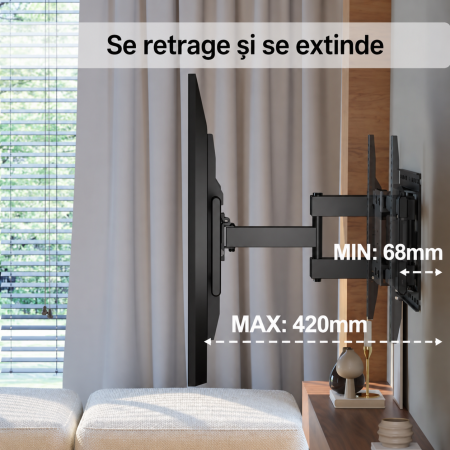 Suport TV universal extensibil – 37–85 inch, VESA 100x100–600x400, inclinare, rotire, pana la 60 kg, negru. [4]
