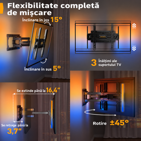 Suport TV Perlegear® 26–65 inch – perete, VESA, RGB, pana la 45 kg, negru. [1]