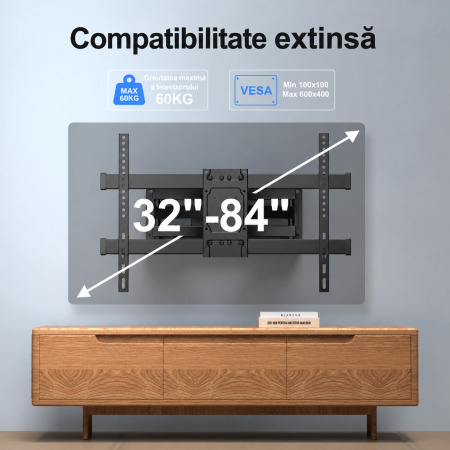 Suport TV Suptek® Premium – perete, 32–84 inch, VESA, inclinare si rotire, pana la 60 kg, negru. [1]