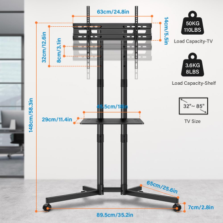 Suport TV mobil universal cu roti, compatibil cu televizoare 32-85 inch, standard VESA 100x100-600x400, sustine pana la 50 kg [1]
