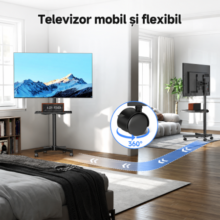 AM273 - Suport pentru televizor, stand TV 21-60 inch cu roti 360°, suporta greutate pana la 35 kg, VESA pana la 400 x 400 mm, inaltime ajustabila, bucatarie, living, dormitor, sala de sedinte, multifu [4]