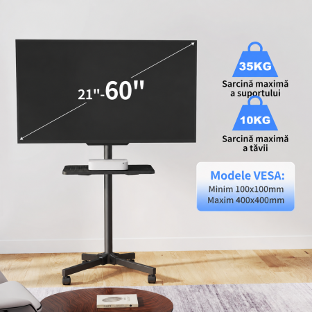 AM273 - Suport pentru televizor, stand TV 21-60 inch cu roti 360°, suporta greutate pana la 35 kg, VESA pana la 400 x 400 mm, inaltime ajustabila, bucatarie, living, dormitor, sala de sedinte, multifu [1]
