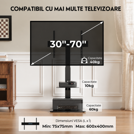 Suport TV cu stand Bontec® pentru televizor plat si curbat 30–70 inch, 40 kg, VESA 600x400, inaltime ajustabila, multifunctional. [1]