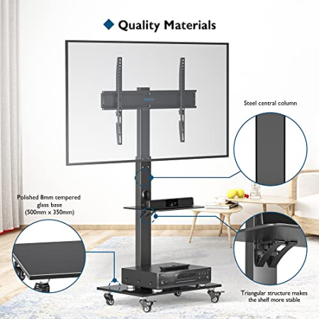 Suport TV cu stand Bontec® pentru televizor plat si curbat 30–70 inch, cu roti 360°, 40 kg, VESA 600x400, inaltime ajustabila, multifunctional. [1]