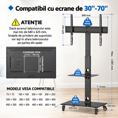 Suport TV cu stand Bontec® pentru televizor plat si curbat 30–70 inch, cu roti 360°, 40 kg, VESA 600x400, inaltime ajustabila, multifunctional. [1]