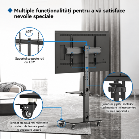 Suport TV cu stand Bontec® pentru televizor plat si curbat 30–70 inch, cu roti 360°, 40 kg, VESA 600x400, inaltime ajustabila, multifunctional. [3]