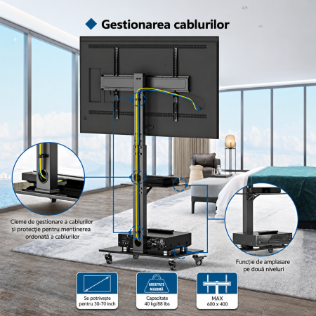 Suport TV cu stand Bontec® pentru televizor plat si curbat 30–70 inch, cu roti 360°, 40 kg, VESA 600x400, inaltime ajustabila, multifunctional. [5]