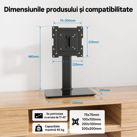 Suport TV de birou Bontec® 17–43 inch, VESA până la 200x200, rotire ±50°, 3 niveluri reglare înălțime, bază sticlă securizată, până la 45 kg, negru. [2]