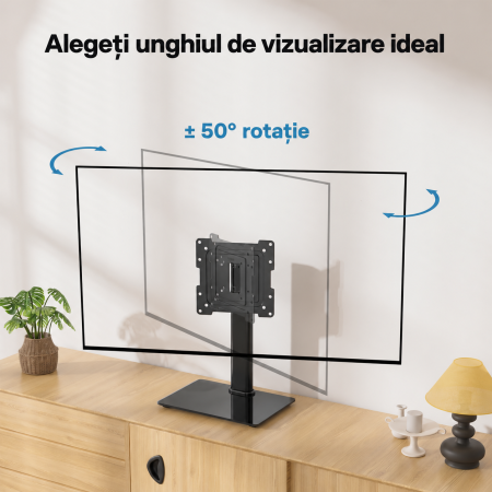 Suport TV de birou Bontec® 17–43 inch, VESA până la 200x200, rotire ±50°, 3 niveluri reglare înălțime, bază sticlă securizată, până la 45 kg, negru. [6]