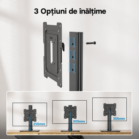 Suport TV de birou Bontec® 17–43 inch, VESA până la 200x200, rotire ±50°, 3 niveluri reglare înălțime, bază sticlă securizată, până la 45 kg, negru. [4]