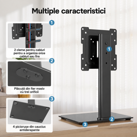 Suport TV de birou Bontec® 17–43 inch, VESA până la 200x200, rotire ±50°, 3 niveluri reglare înălțime, bază sticlă securizată, până la 45 kg, negru. [5]
