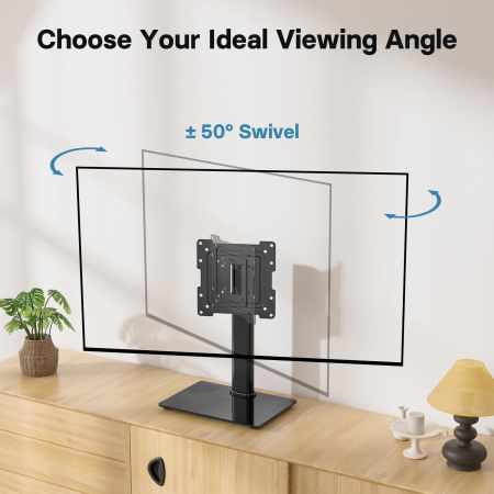 Suport TV de birou Bontec® 17–43 inch, VESA până la 200x200, rotire ±50°, 3 niveluri reglare înălțime, bază sticlă securizată, până la 45 kg, negru. [7]