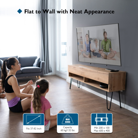 Suport TV de perete Bontec® universal 37–82 inch, VESA pana la 600x400, inclinare +1° / -8°, profil slim 38 mm, pana la 60 kg. [1]