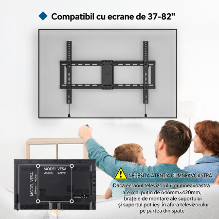 Suport TV de perete Bontec® universal 37–82 inch, VESA pana la 600x400, inclinare +1° / -8°, profil slim 38 mm, pana la 60 kg. [1]