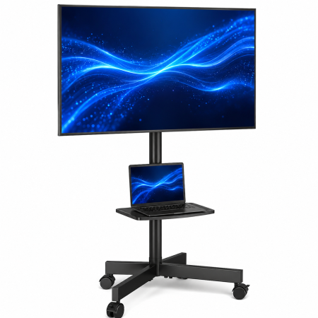 Suporturi TV - Suport TV pentru televizor 27–60 Inch, Mobil cu roti 360°, Reglabil pe Inaltime, Inclinabil, VESA 400x400, greutate suportata 40 kg, cu sau fara polita, Negru