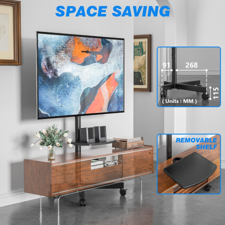 Suport TV pentru televizor 27–60 Inch, Mobil cu roti 360°, Reglabil pe Inaltime, Inclinabil, VESA 400x400, greutate suportata 40 kg, cu sau fara polita, Negru [3]