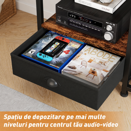 AM291 - Suport TV reglabil 32-55 inch tip comoda televizor, Vesa pana la 400/400, suporta total 90 Kg, masa TV cu sertar si rafturi depozitare, stand televizor universal, structura metalica, maro [5]