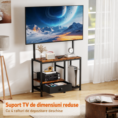 AM291 - Suport TV reglabil 32-55 inch tip comoda televizor, Vesa pana la 400/400, suporta total 90 Kg, masa TV cu sertar si rafturi depozitare, stand televizor universal, structura metalica, maro [3]