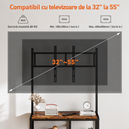 AM291 - Suport TV reglabil 32-55 inch tip comoda televizor, Vesa pana la 400/400, suporta total 90 Kg, masa TV cu sertar si rafturi depozitare, stand televizor universal, structura metalica, maro [1]