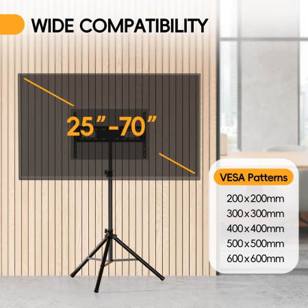 Suport TV Tripod pentru televizor 25–70 Inch, portabil, transportabil, Reglabil pe Inaltime, Inclinare ±15°, VESA 600x400, suporta 49 kg, foarte stabil, Negru [2]