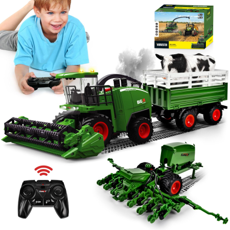 Jucarii - Tractor si combina agricola 3-in-1, jucarie telecomandata pentru copii 3+ ani, lumini, sunete, remorca, simulare recoltare si transport animale.