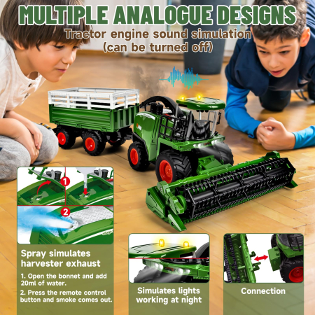 Tractor si combina agricola 3-in-1, jucarie telecomandata pentru copii 3+ ani, lumini, sunete, remorca, simulare recoltare si transport animale. [5]